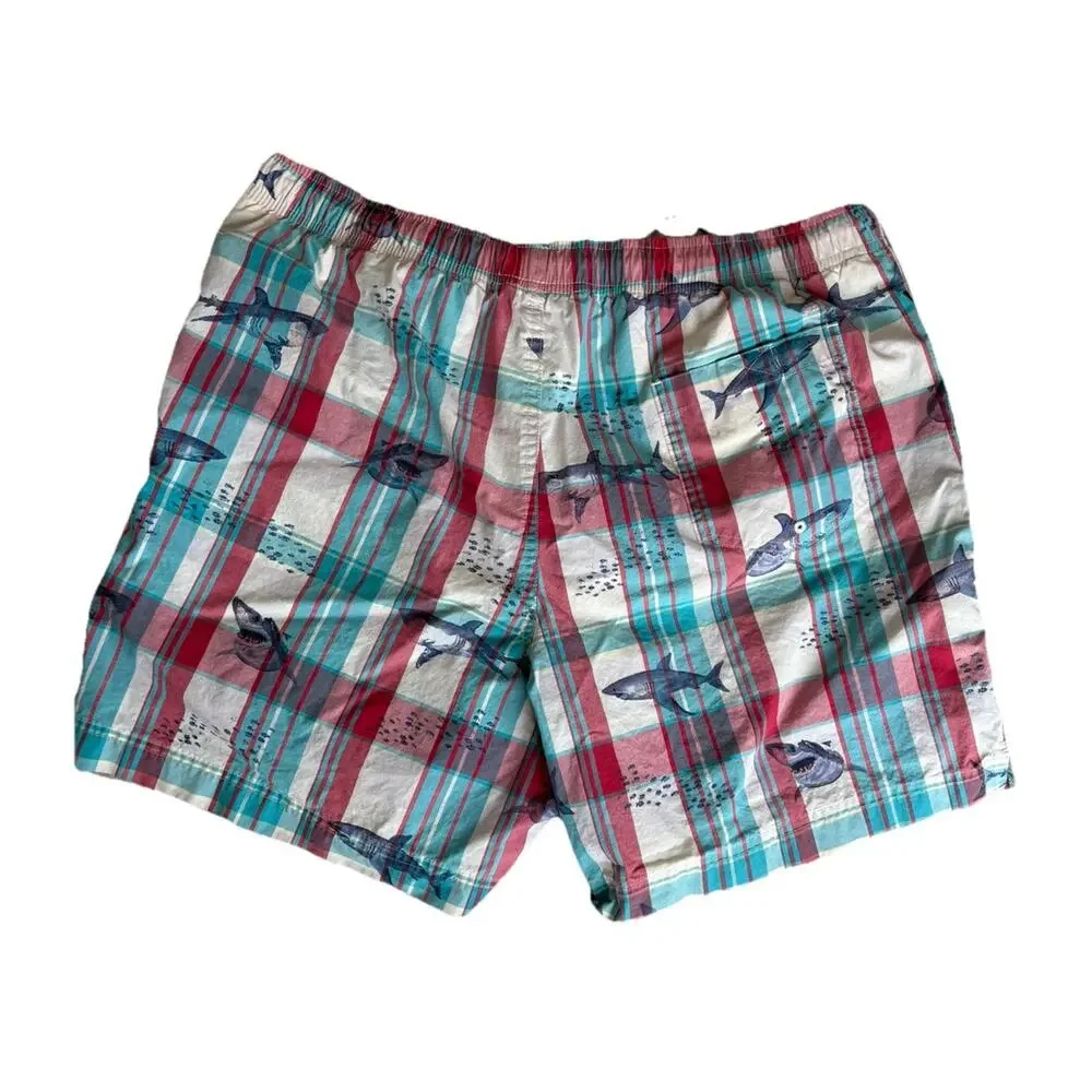 Vintage Polo Sport Ralph Lauren Plaid Swim Trunks Board Shorts Mens Large Shark